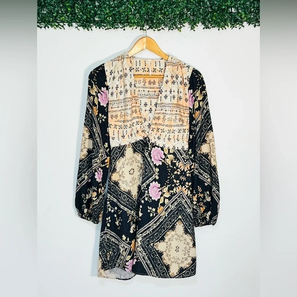 Free People Mini Boho Plunge Dress Size Xs Long Sleeve Descanso Floral
